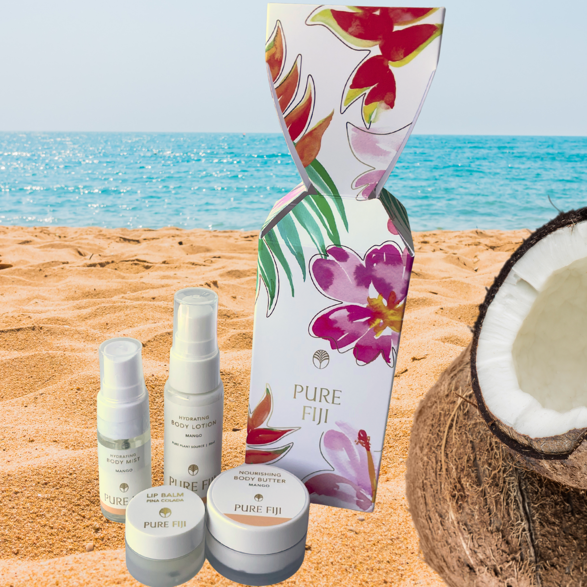 Loloma Living Stockist of Pure Fiji Christmas Cracker and Gift Sets. Tamborine Mountain Pure Fiji. Coconut made in Fiji. Secret Santa gift.