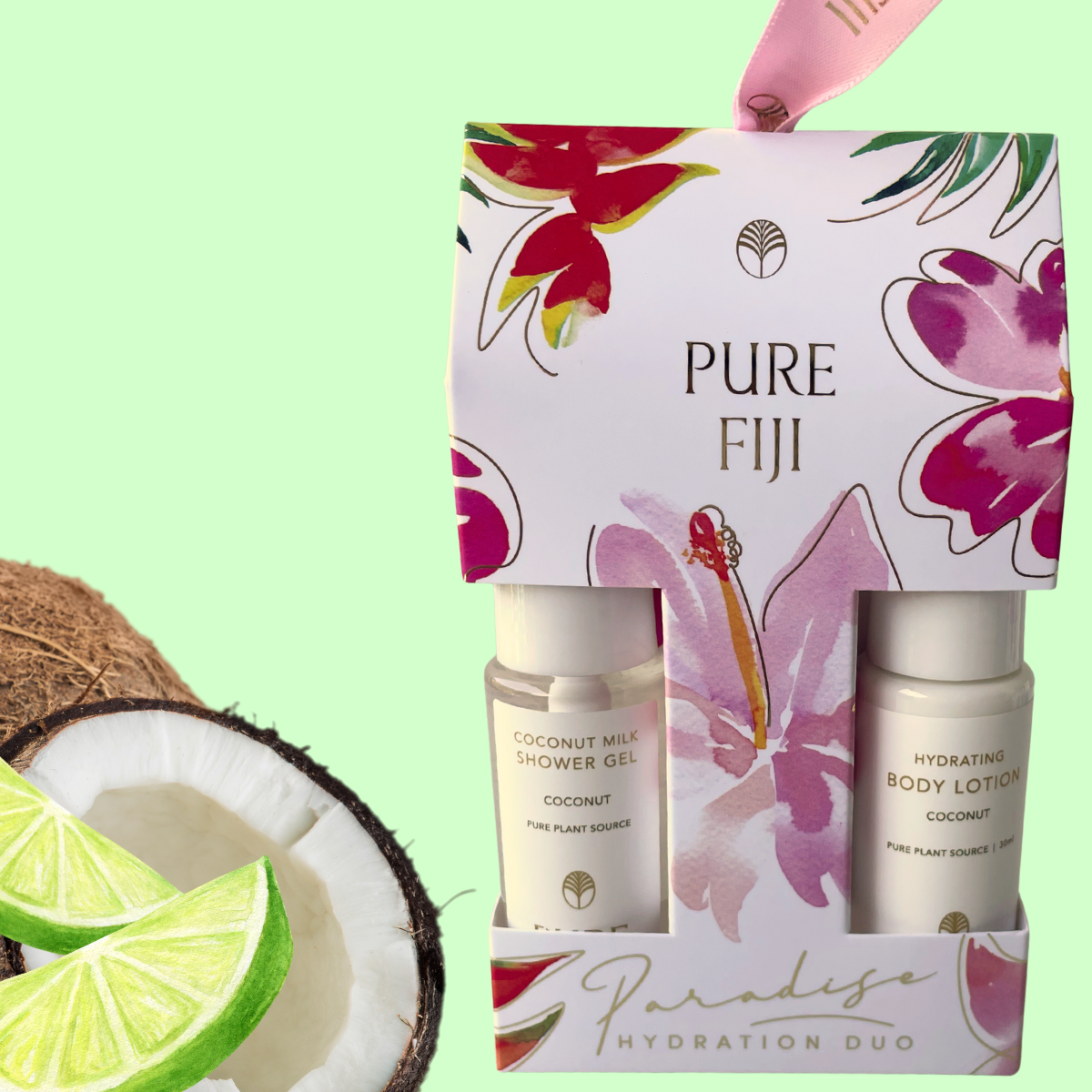 Pure Fiji Hanging Ornament sets for Christmas. Pure Fiji Stockist is Loloma Living. Christmas Collection giftsets. COCONUT lime blossom giftsets to hang on your tree with Pure Fiji.