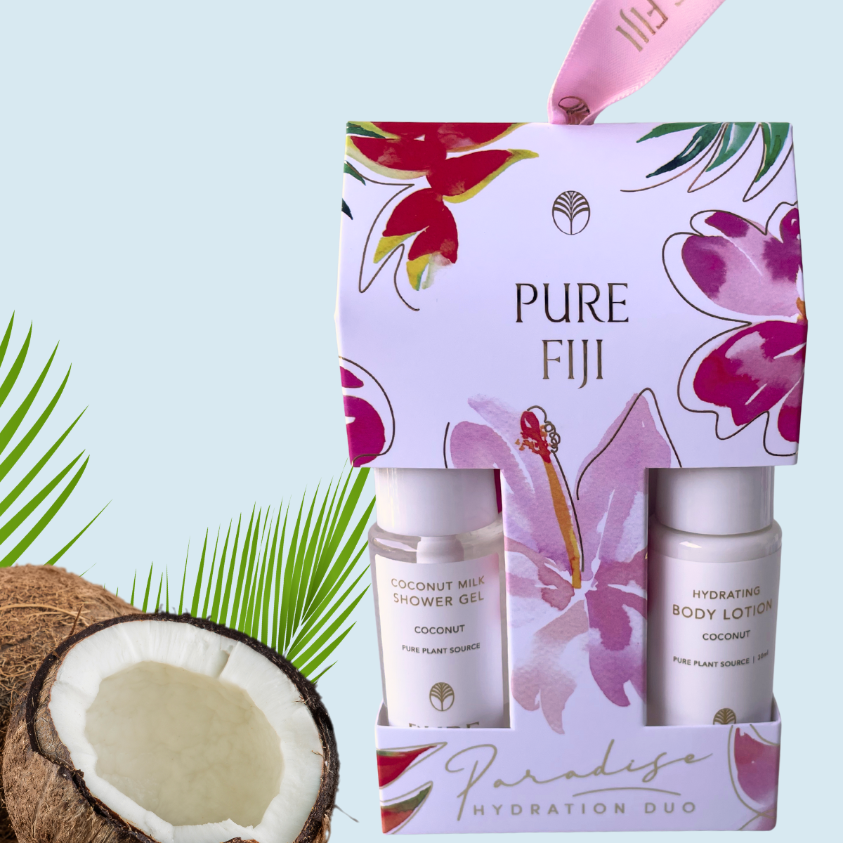 Pure Fiji Hanging Ornament sets for Christmas. Pure Fiji Stockist is Loloma Living. Christmas Collection giftsets. COCONUT giftsets to hang on your tree with Pure Fiji.