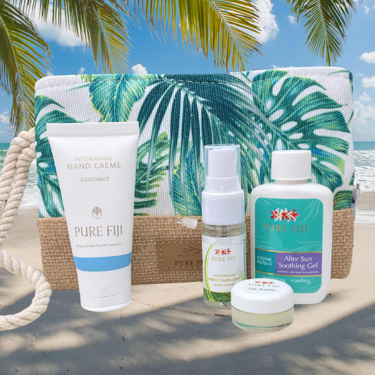 Pure Fiji outdoors travel set with zippered pouch with Insect Repellent and Pure Fiji Aftersun gel. Pure fiji stockist is loloma Living in queensland. Fast postage from loloma living for all pure fiji and reniu products in queensland.