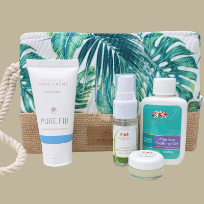 Pure Fiji outdoors travel set with zippered pouch with Insect Repellent and Pure Fiji Aftersun gel. Pure fiji stockist is loloma Living in queensland.