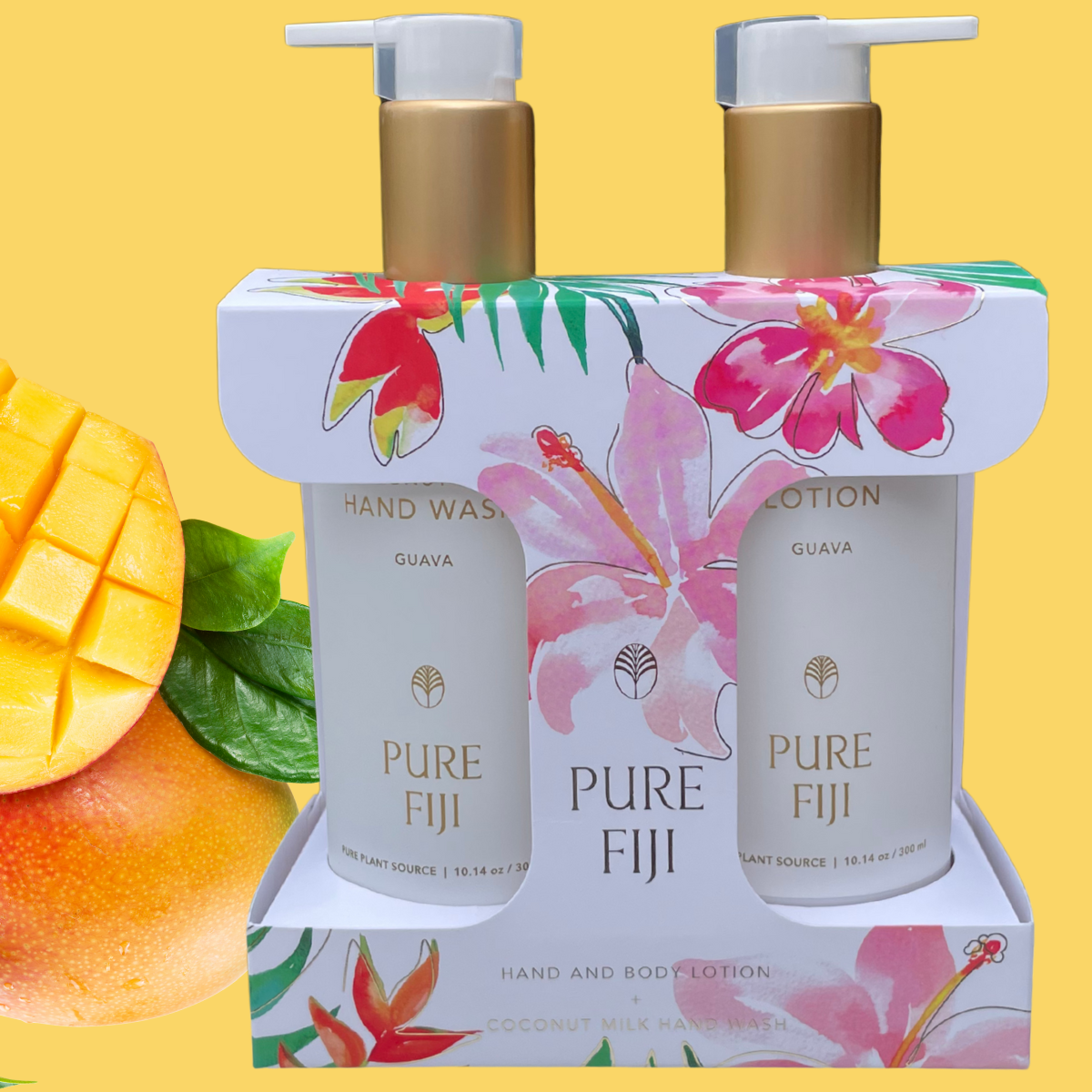 Pure Fiji Vanity Duo hand wash and lotion set 300ml in elegant tropical packaging. Christmas giftset. Loloma Living is stockist of Pure Fiji and Reniu Fiji. Mango handwash and lotion giftset by Pure Fiji.