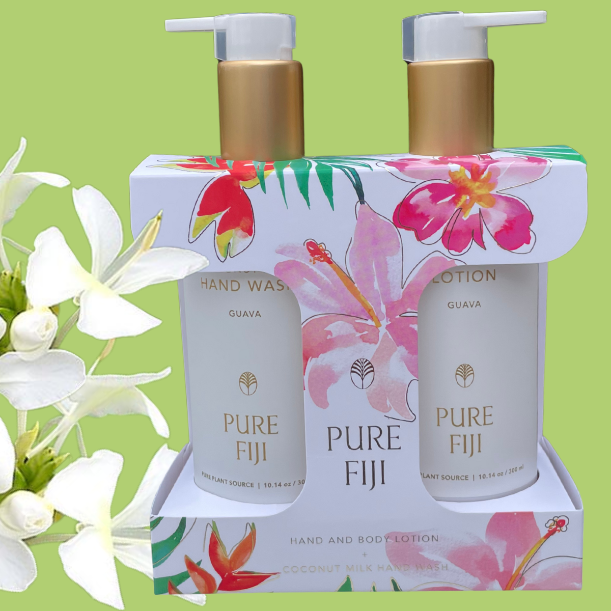 Pure Fiji Vanity Duo hand wash and lotion set 300ml in elegant tropical packaging. Christmas giftset. Loloma Living is stockist of Pure Fiji and Reniu Fiji. White Gingerlily handwash and lotion gift set by Pure Fiji