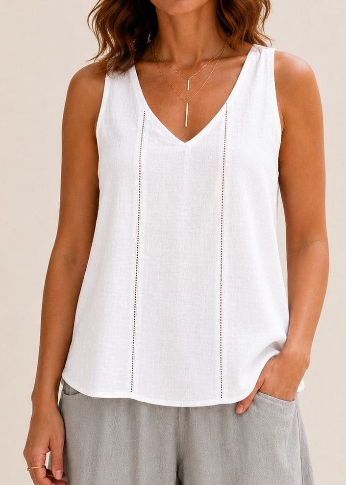 Jude Ladder Trim Linen Tank in White by MUTIG