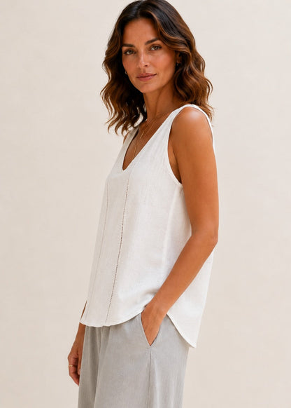 Jude Ladder Trim Linen Tank in White by MUTIG
