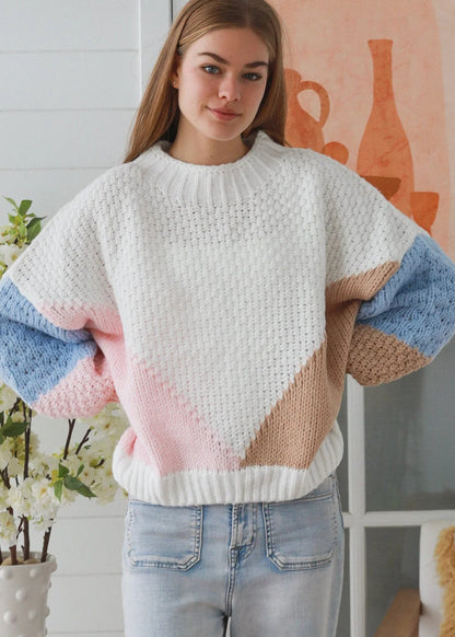 White Block Colour Knit Jumper
