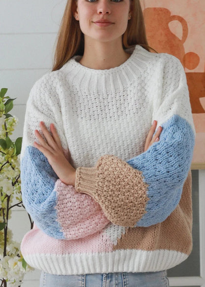 White Block Colour Knit Jumper