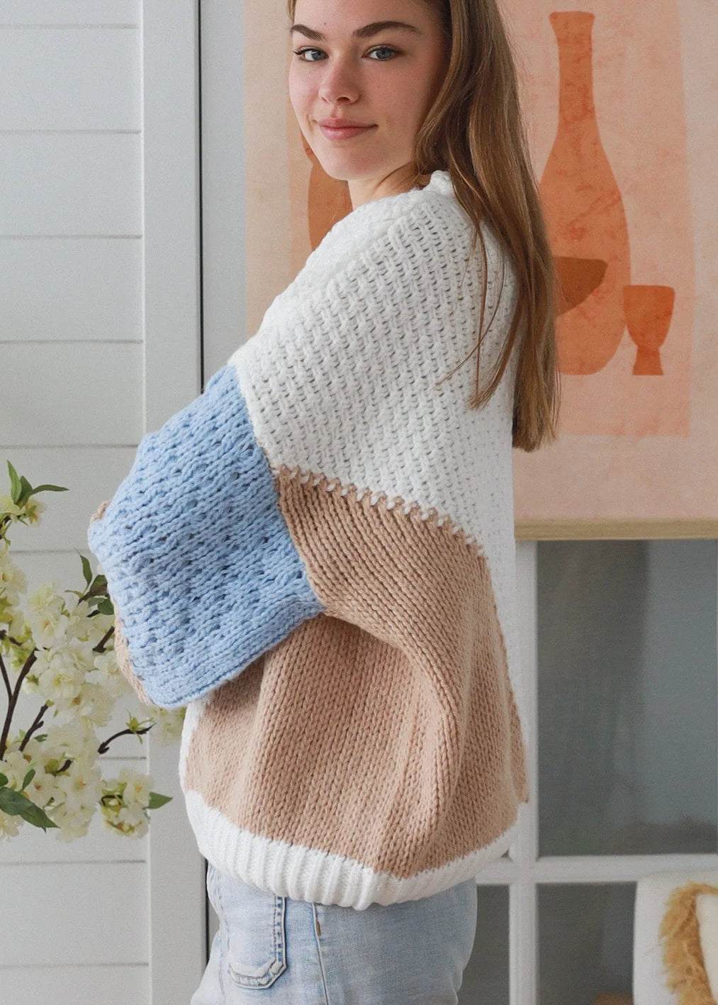 White Block Colour Knit Jumper