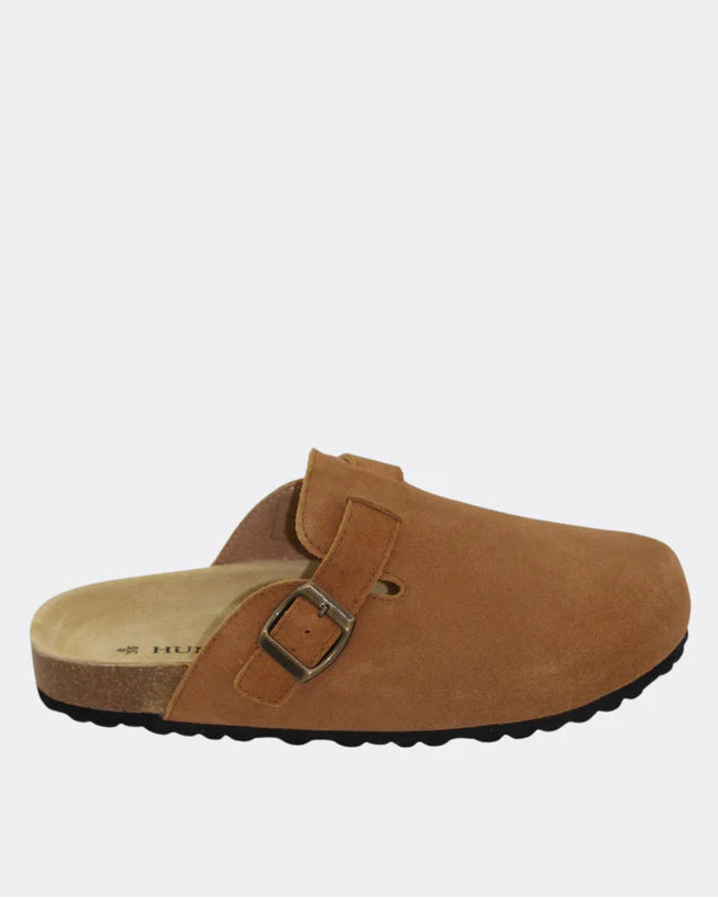 Lara Suede Slides in Tan by Human Shoes