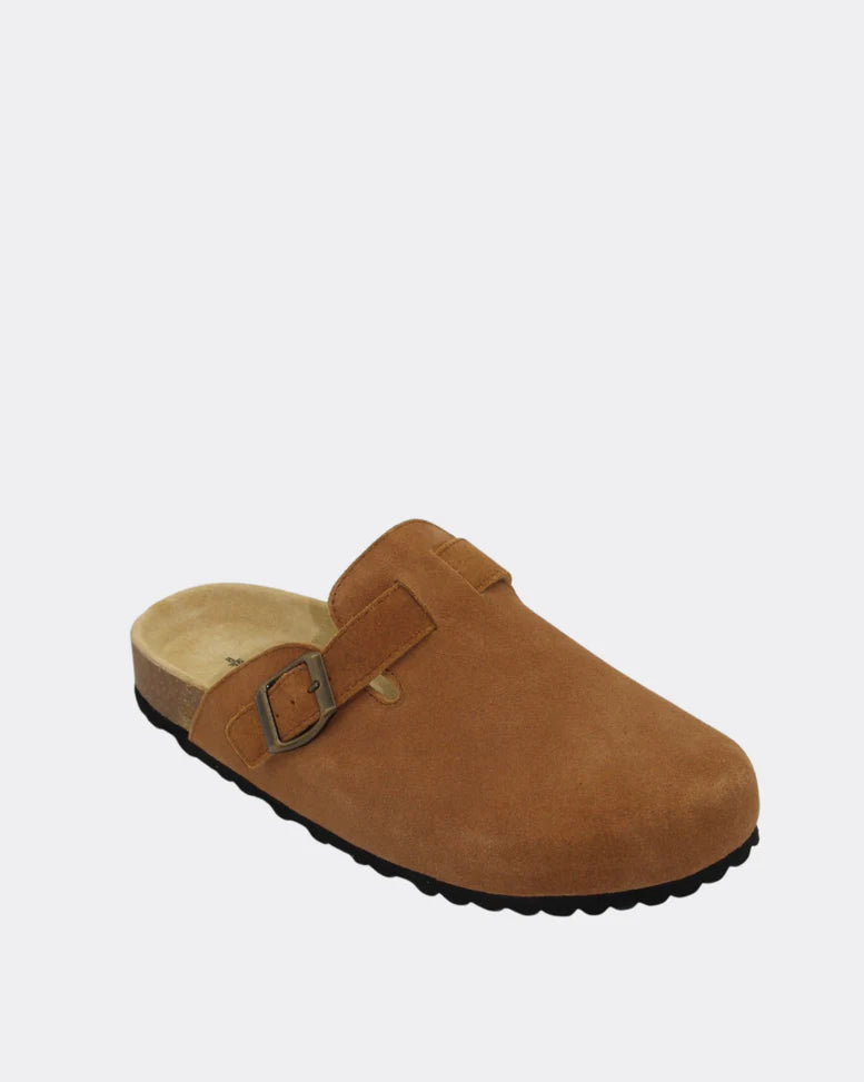 Lara Suede Slides in Tan by Human Shoes