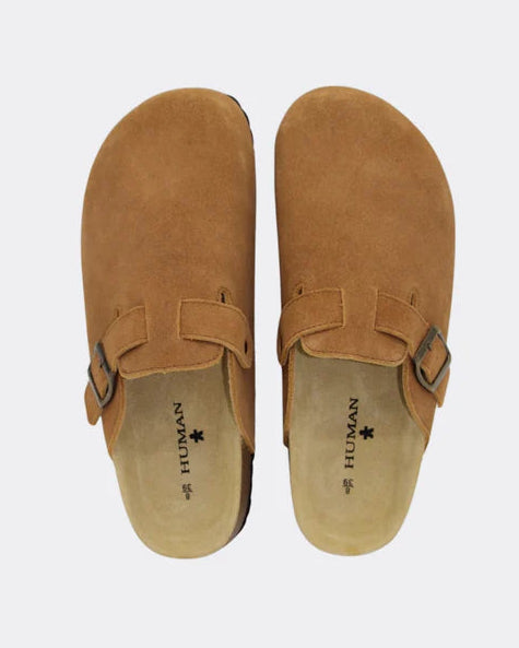Lara Suede Slides in Tan by Human Shoes