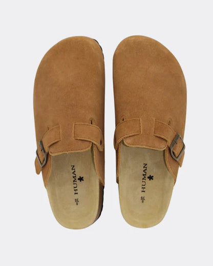 Lara Suede Slides in Tan by Human Shoes