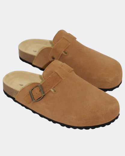 Lara Suede Slides in Tan by Human Shoes