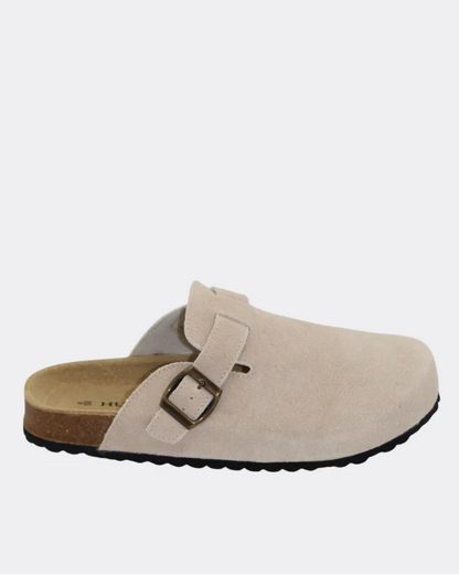 Lara Suede Slides in Sand by Human Shoes