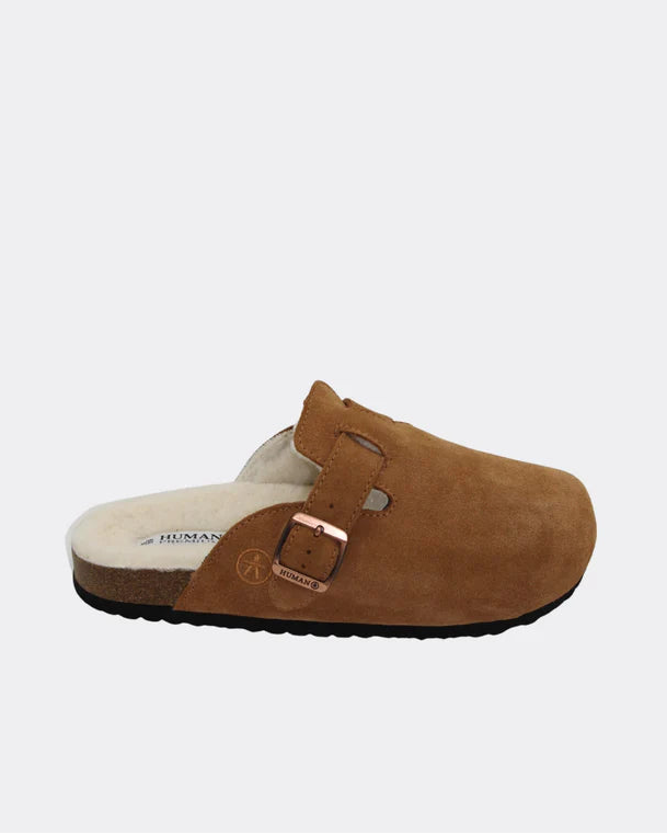 Human Shoes LEGO tan suede winter slides with soft wool lining for cosy comfort.