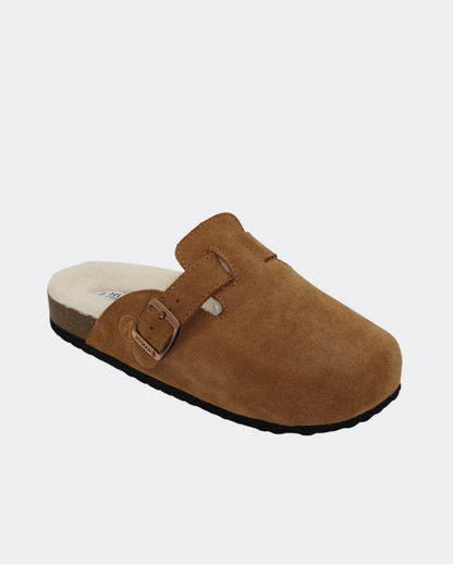 Human Shoes LEGO tan suede winter slides with soft wool lining for cosy comfort.