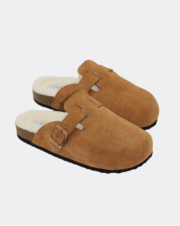 Human Shoes LEGO tan suede winter slides with soft wool lining for cosy comfort.