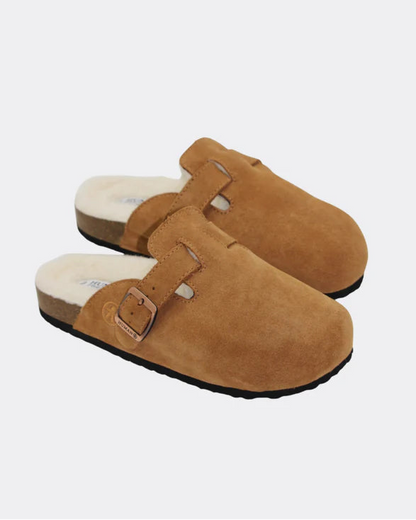 Human Shoes LEGO tan suede winter slides with soft wool lining for cosy comfort.