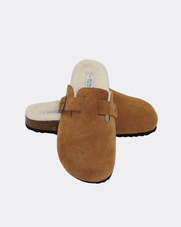 Human Shoes LEGO tan suede winter slides with soft wool lining for cosy comfort.