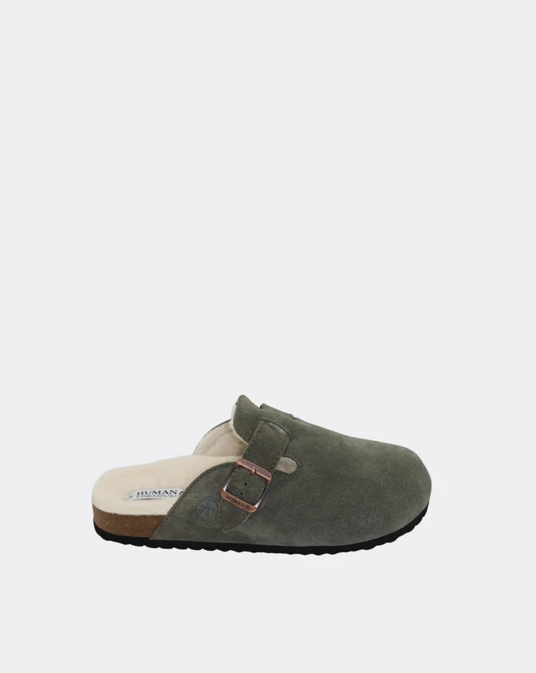 Human Shoes LEGO vintage green suede winter slides with soft wool lining.