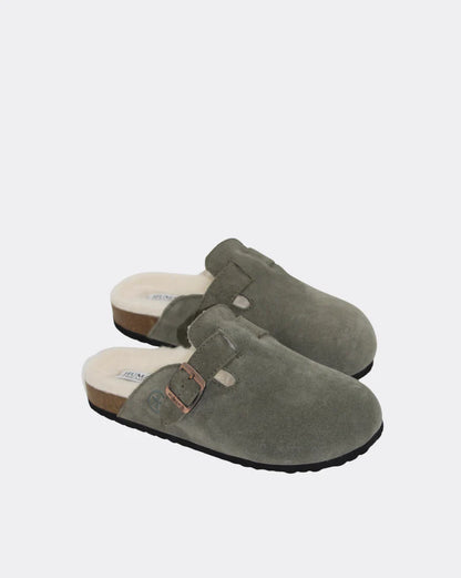 Human Shoes LEGO vintage green suede winter slides with soft wool lining.