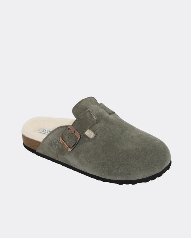 Human Shoes LEGO vintage green suede winter slides with soft wool lining.
