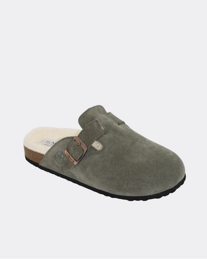 Human Shoes LEGO vintage green suede winter slides with soft wool lining.