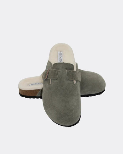 Human Shoes LEGO vintage green suede winter slides with soft wool lining.
