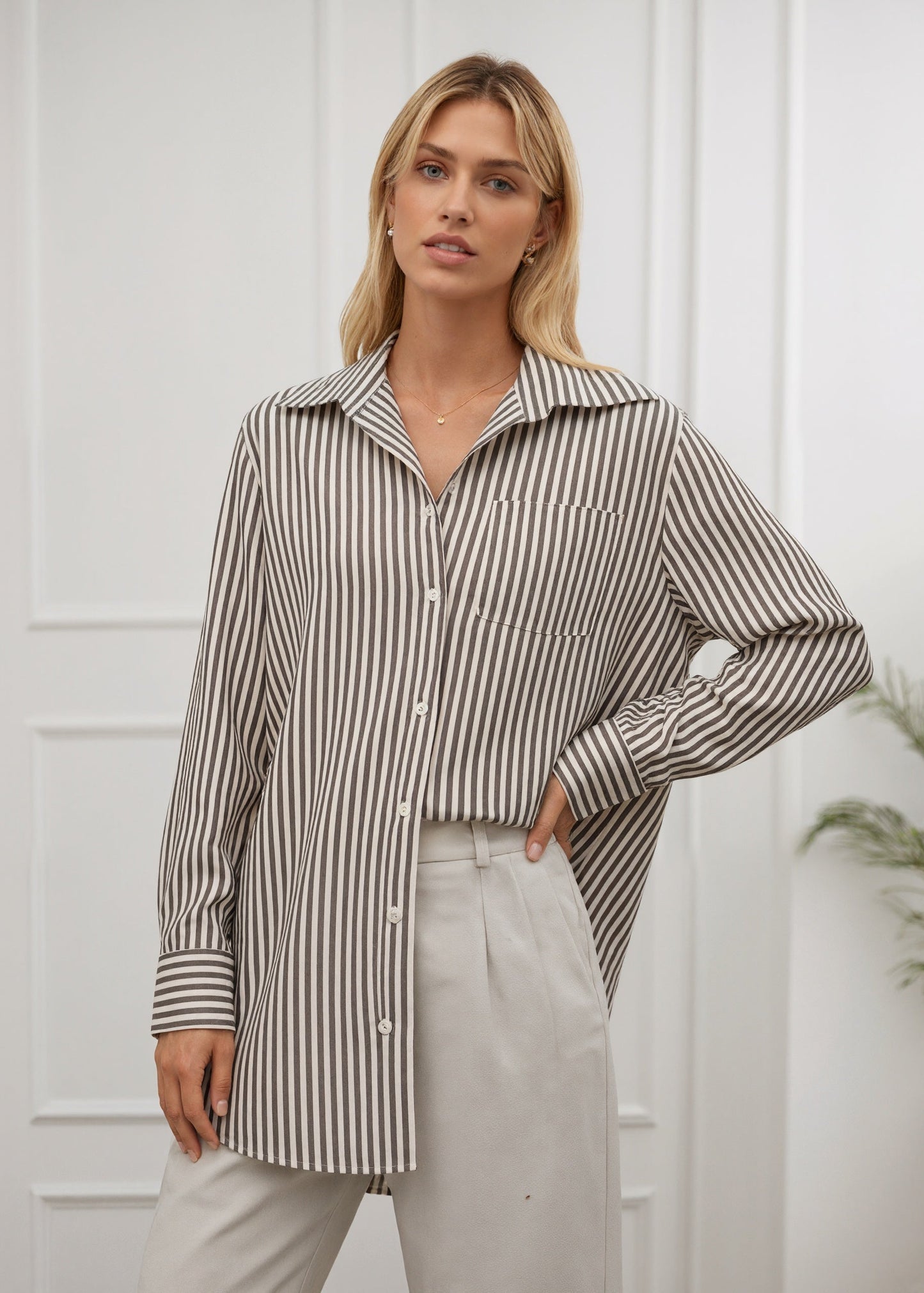 Cotton Striped Button Up in Mushroom Cream by MUTIG
