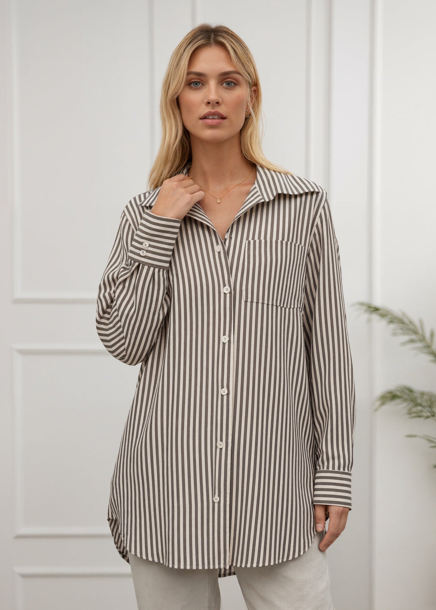 Cotton Striped Button Up in Mushroom Cream by MUTIG