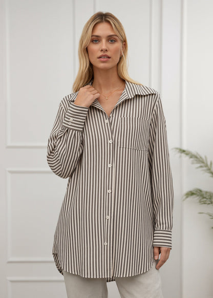 Cotton Striped Button Up in Mushroom Cream by MUTIG