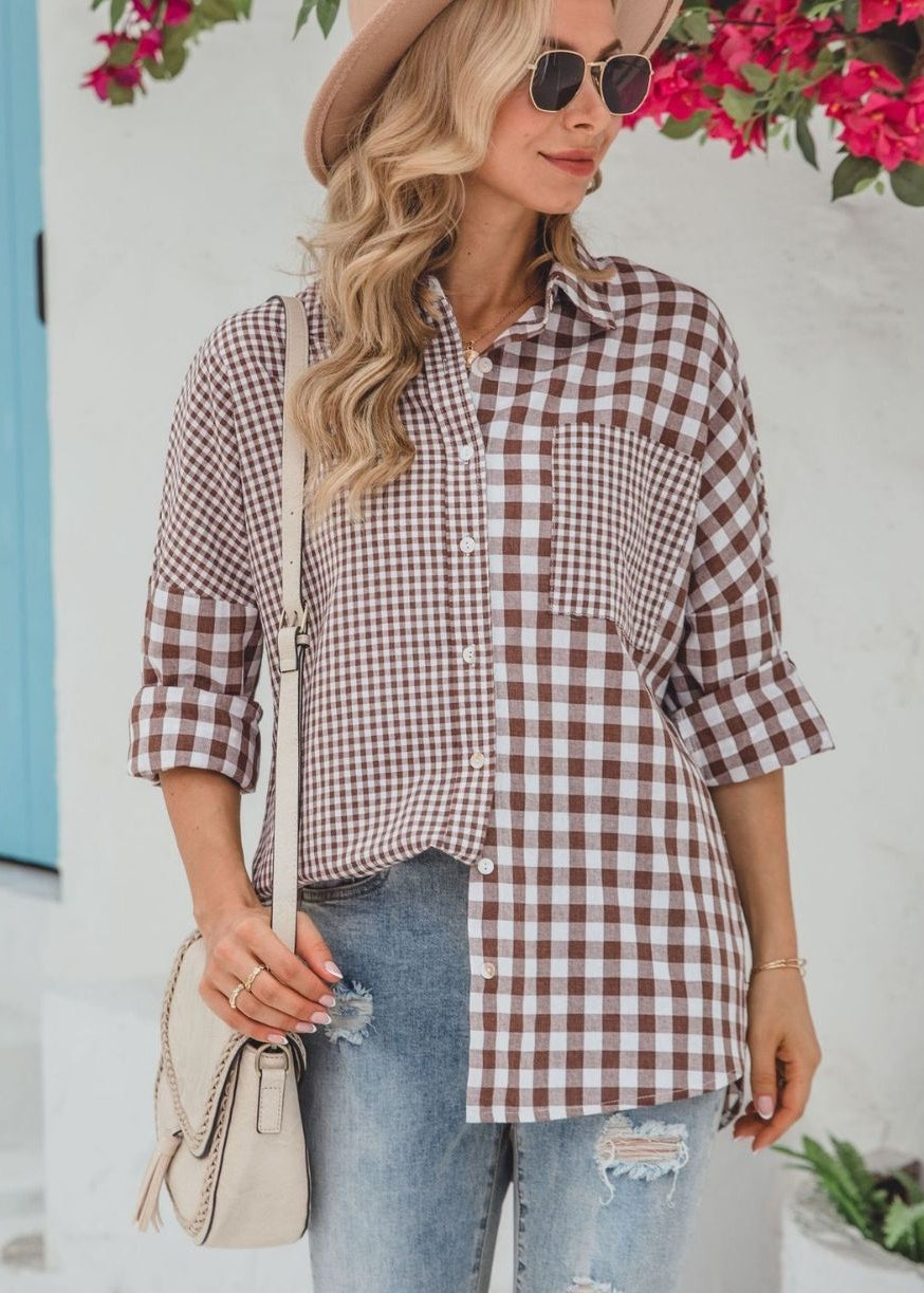Gingham Button Up Shirt in Brown