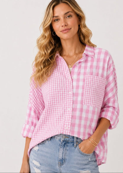LAST ONE: SIZE 14 XL! Gingham Button Up Shirt in Pink