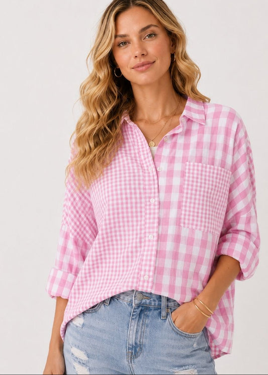 LAST ONE: SIZE 14 XL! Gingham Button Up Shirt in Pink