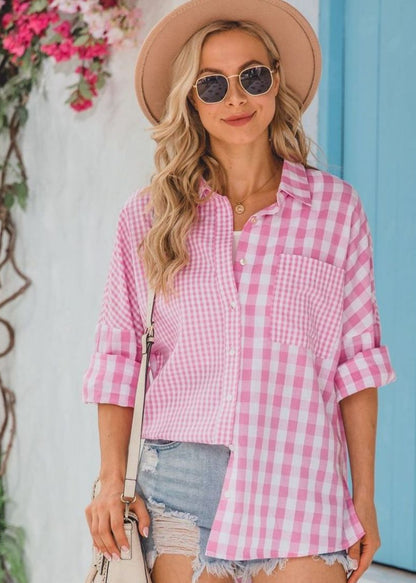 LAST ONE: SIZE 14 XL! Gingham Button Up Shirt in Pink
