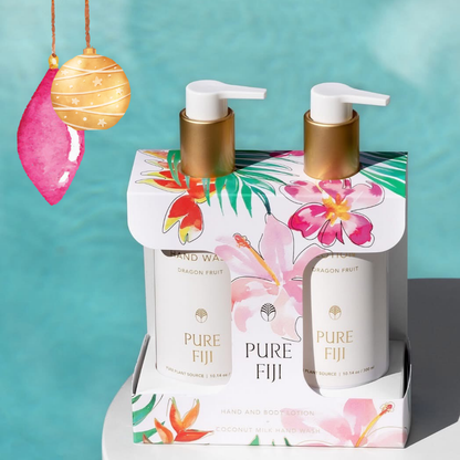 Pure Fiji Vanity Duo hand wash and lotion set 300ml in elegant tropical packaging. Christmas giftset.