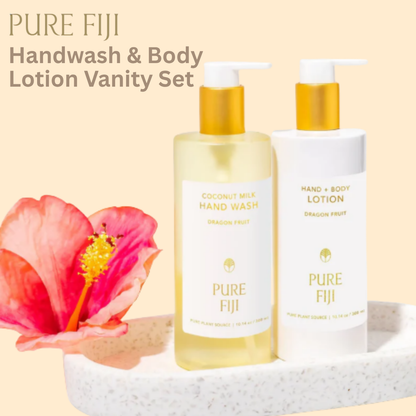 ure Fiji luxury hand care duo displayed on bathroom vanity. Christmas with Pure Fiji.